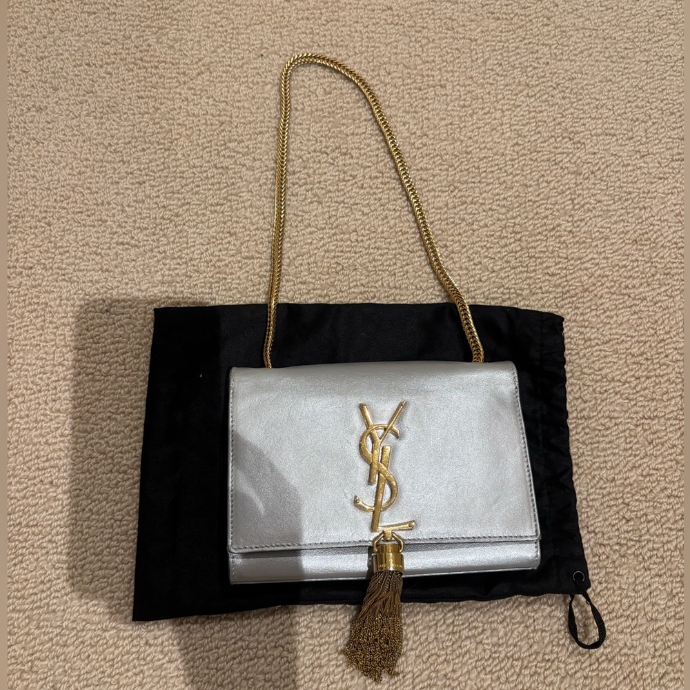 YSL Silver Kate with tassel and gold hardware
